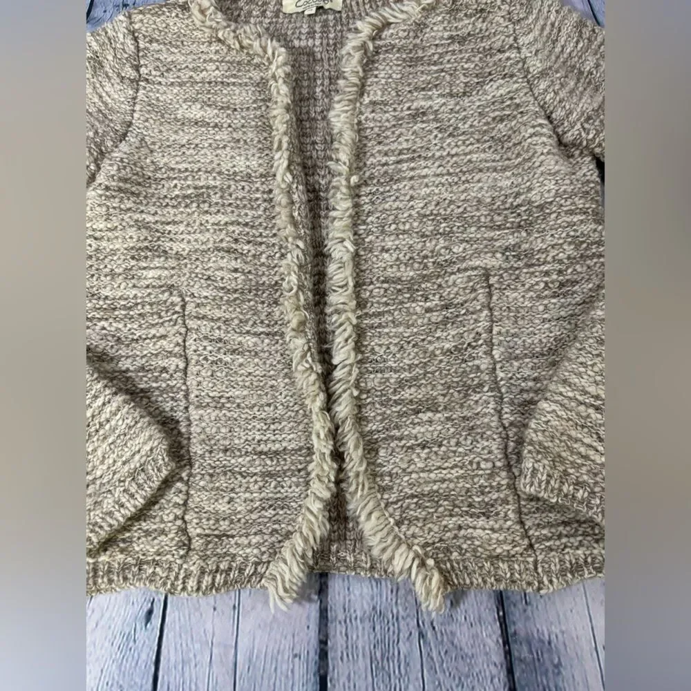 COCOGIO Cream Brown Marled Wool Cozy Boho Fringed Academia Cardigan Sweater XS